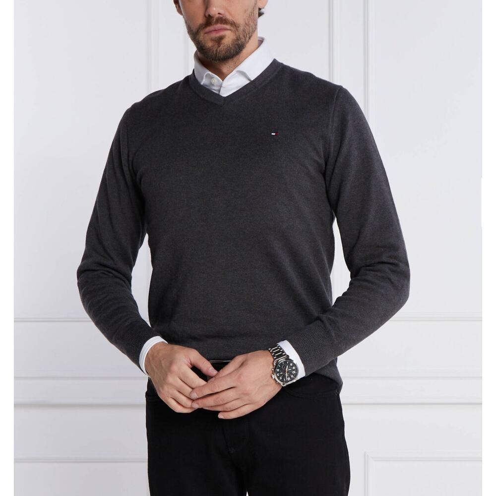 Tommy Hilfiger Men's Dark Heather Gray 100% Cotton V Neck Sweater - S (P)